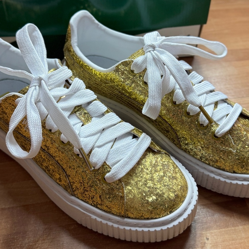 Puma basket platform glitter gold sneakers size 8.5 - Picture 2 of 14